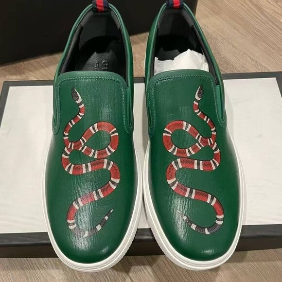 Gucci Green Slip-On Sneakers with Snake Design